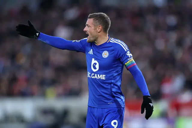 Jamie Vardy of Leicester City reacts, whilst wearing a Rainbow coloured captains armband