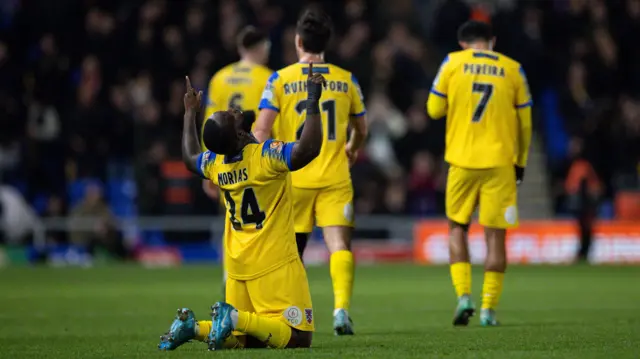 Junior Morias celebrates his goal against AFC Wimbledon