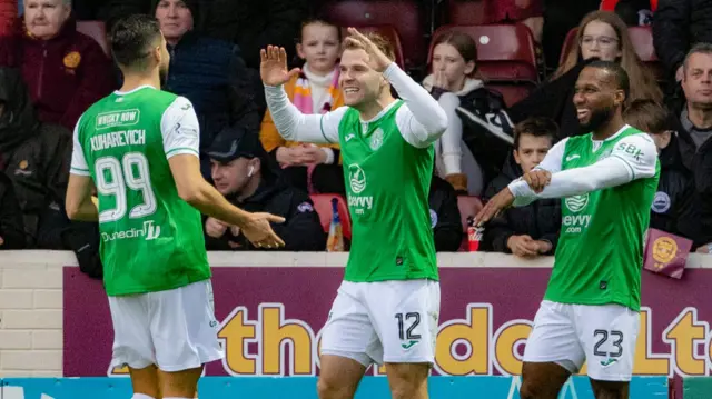 Mykola Kuharevich celebrates with Chris Cadden after putting Hibs 2-0 up against Motherwell