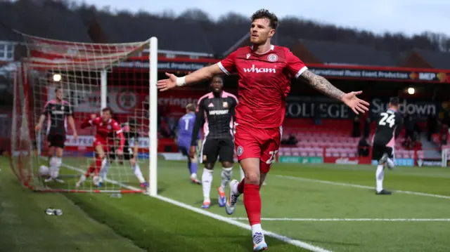 Tyler Walton celebrates after scoring for Accrington against Swindon