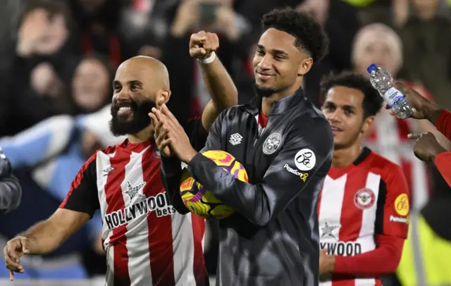 Brentford's Kevin Schade celebrates after the match.