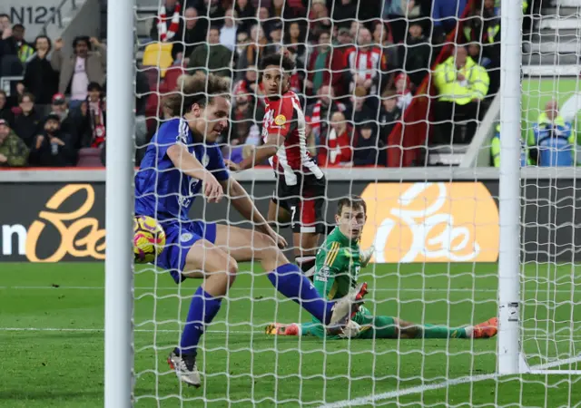 Brentford's Kevin Schade scores their third goal.