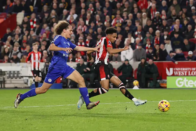 Kevin Schade of Brentford scores his team's fourth goal.