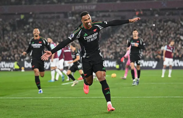 Gabriel of Arsenal celebrates scoring his team's first goal.