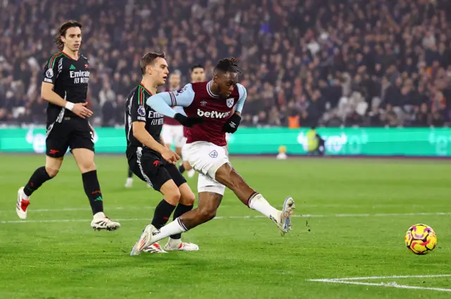 West Ham United's Aaron Wan-Bissaka scores their first goal.