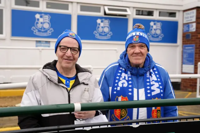 Two Wealdstone fans ahead of their FA Cup second round tie against Wycombe