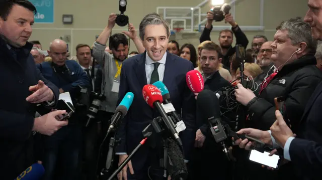 Taoiseach and Fine Gael leader Simon Harris speaks to the media as he arrives at the election count centre at Shoreline Leisure Greystones in Co Wicklow, after voters went to the polls