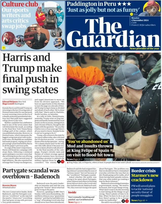 Guardian front page with headline: "Harris and trump make final push in swing states".