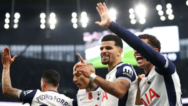 Spurs players celebrate with goalscorer Dominic Solanke