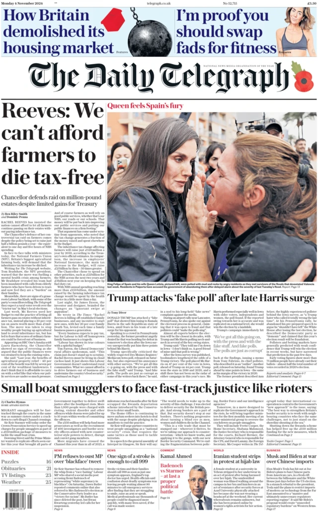 Daily Telegraph front page with headline "Trump attacks 'fake poll' after late Harris surge'