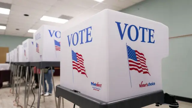 A voting booth at a polling location at the Thomasville Library during the last day of early voting in Thomasville, North Carolina, US, on Saturday, Nov. 2, 2024.