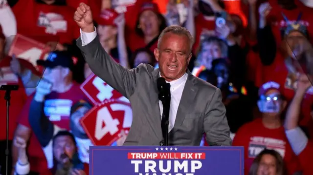 Robert F. Kennedy Jr. introduces Republican presidential nominee and former U.S. President Donald Trump during a campaign rally in Warren