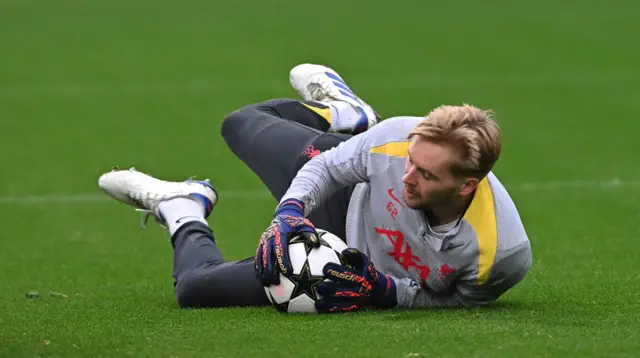 Caoimhin Kelleher of Liverpool during the training session