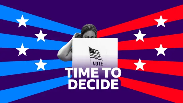 A graphic showing red and blue stripes and white stars with the text time to decide