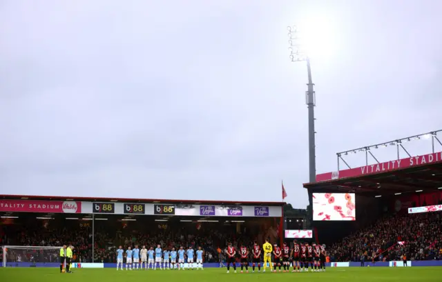 General view inside the stadium as players, match officials and fans observe a minutes silence ahead of Remembrance Day prior to the Premier League match between AFC Bournemouth and Manchester City