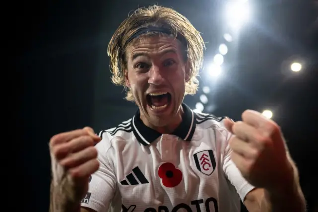 Fulham defender Joachim Anderson shows his emotion