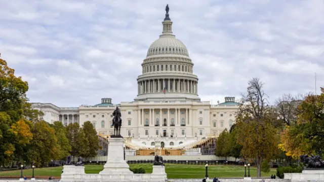 Wide shot of US Capitol in Washington DC with a park in the foreground