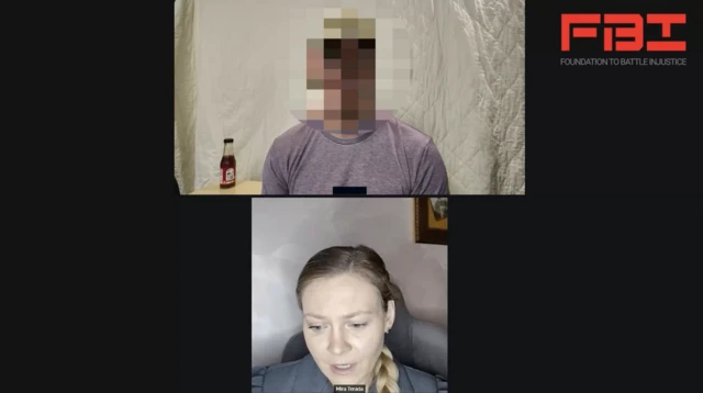 A screenshot of a man and woman speaking in a video call online