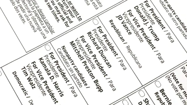 A example of a ballot. It's black print on a white background. Next to each candidate name is a small oblong-shaped bubble for voters to fill to show their preference