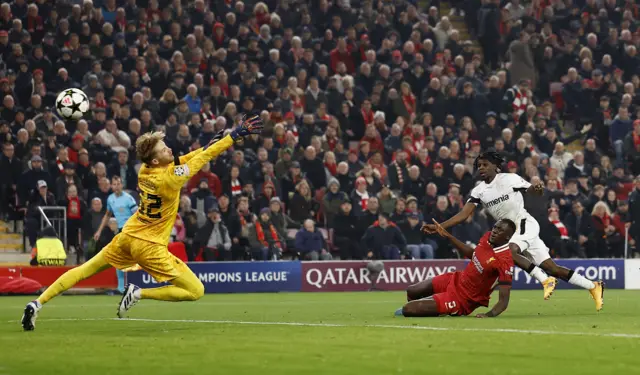 Frimpong scores for Leverkusen - a goal which was later ruled out for handball