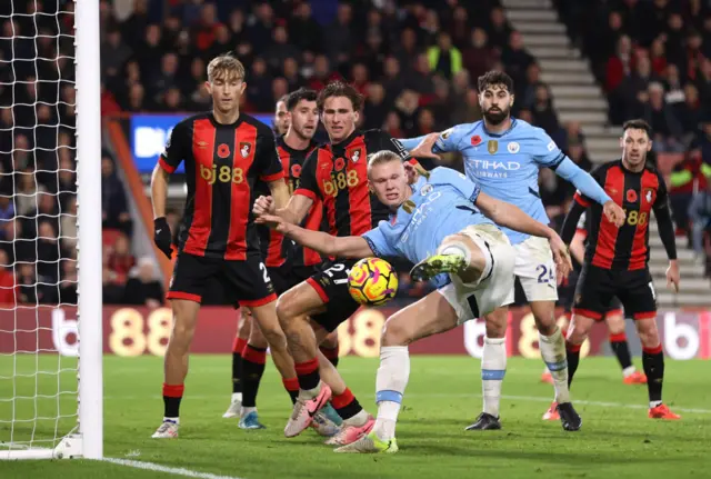 Erling Haaland hits the post against Bournemouth