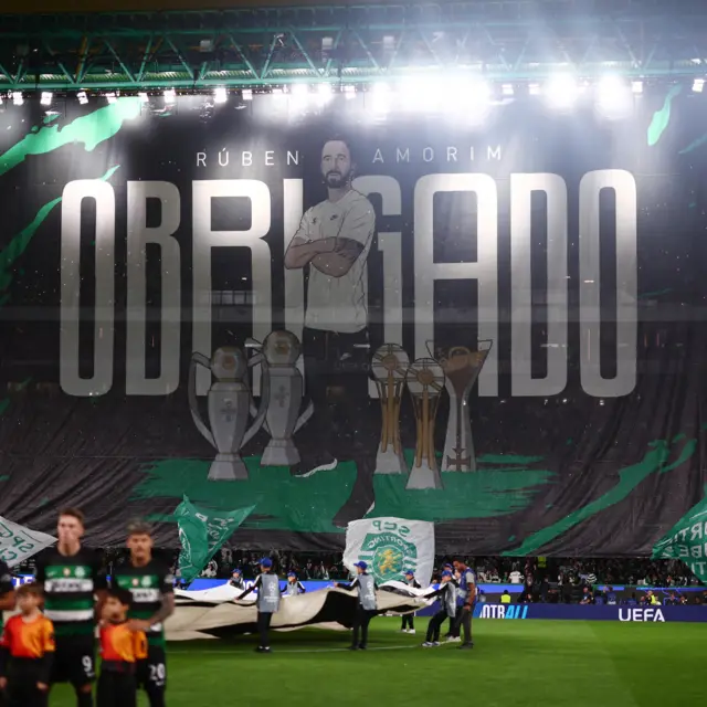 Sporting fans hold up a tifo in thanks to Ruben Amorim showing the trophies he has won