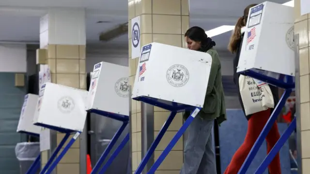 A person votes at PS 20 Anna Silver Elementary School