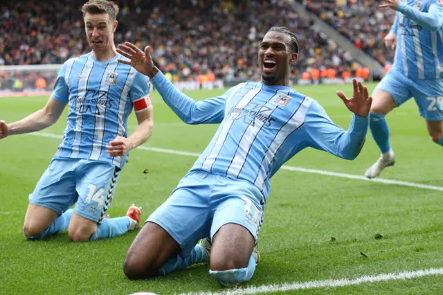 Haji Wright celebrates scoring for Coventry against Wolves