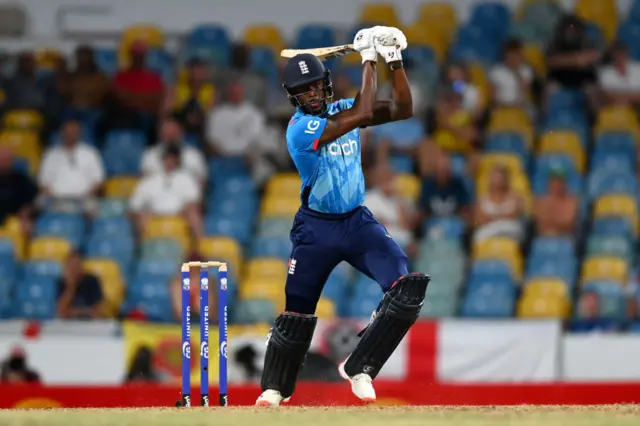 Jofra Archer of England bats during the third ODI against West Indies