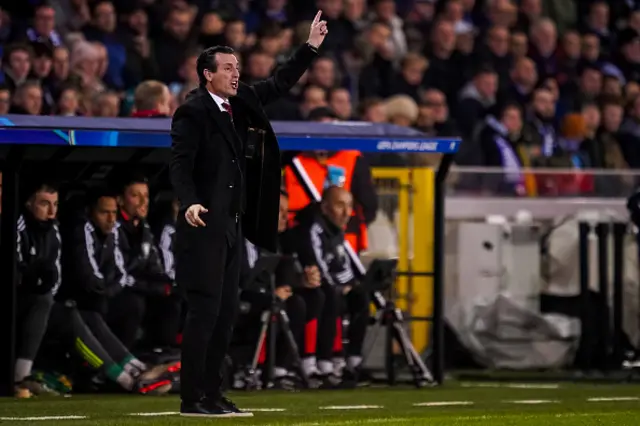 : Head coach Unai Emery of Aston Villa FC gestures