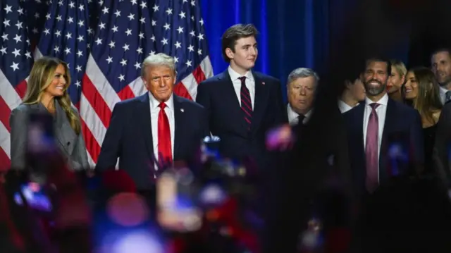 Republican presidential nominee and former U.S. President Donald Trump takes the stage with his wife Melania and his son Barron following early results from the 2024 U.S. presidential election in Palm Beach County Convention Center, in West Palm Beach, Florida, U.S., November 6, 2024.