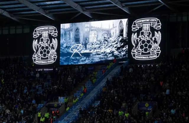 A Coventry Remembers hoarding on the big screen to mark Remembrance Day ahead of the Sky Bet Championship match at Coventry Building Society Arena, Coventry