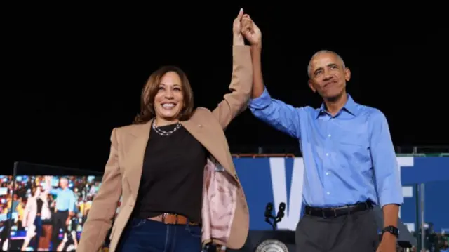 Democratic presidential nominee, U.S. Vice President Kamala Harris, campaigns with former President Barack Obama at the James R Hallford Stadium on October 24, 2024 in Clarkston, Georgia