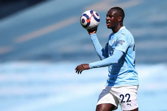Benjamin Mendy of Manchester City during the Premier League match between Manchester City and Leeds United at Etihad Stadium on April 10, 2021