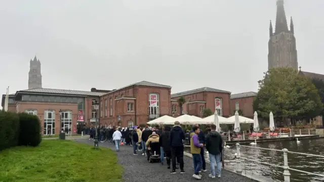 Fans outside the waterfront in Bruge, Belgium