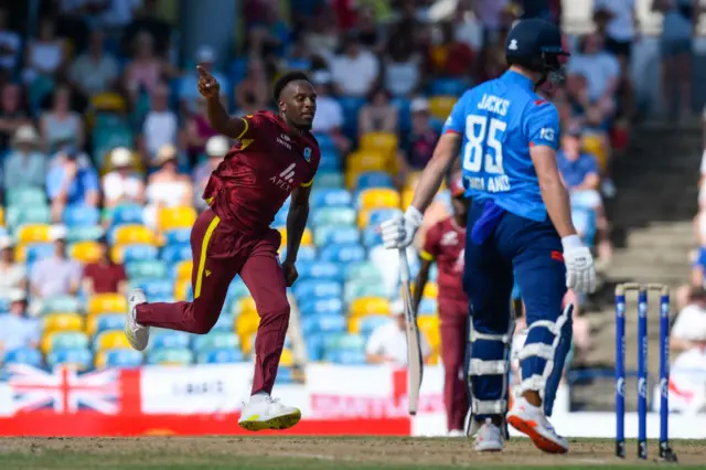 Matthew Forde of West Indies celebrates the dismissal of Will Jacks