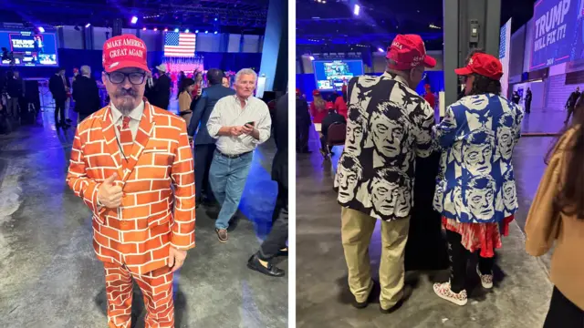 People in eccentric outfits at Trump's watch party