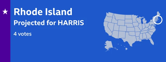 Result card showing that Harris is projected to win 4 electoral college votes in Rhode Island. The locator map on the card shows Rhode Island is in the northeastern region of the United States, small with straight sides to the north and west, with a bay and several islands in its southeastern corner.