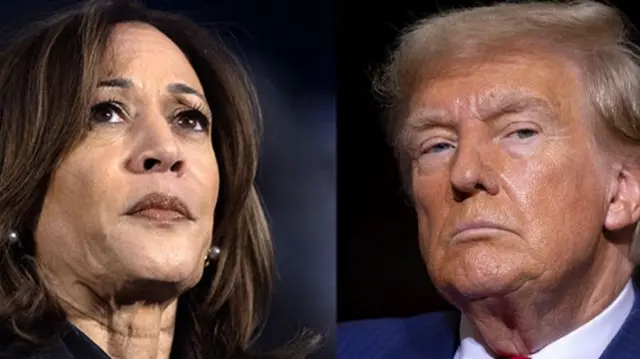 A composite image of Kamala Harris, looking up, and Donald Trump, looking to his left