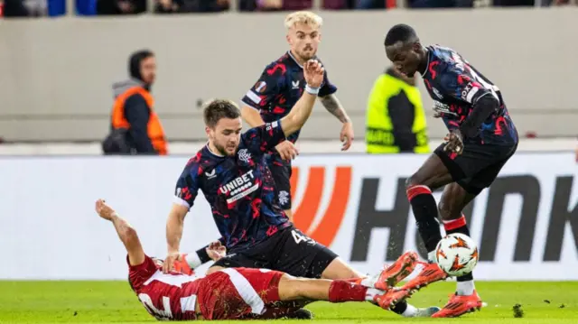 ATHENS, GREECE - NOVEMBER 07: Rangers' Mohamed Diomande and Nicolas Raskin in action during a UEFA Europa League 2024/25 League Phase MD4 match between Olympiacos and Rangers at The Georgios Karaiskakis Stadium, on November 07, 2024, in Athens, Greece. (Photo by Alan Harvey / SNS Group)