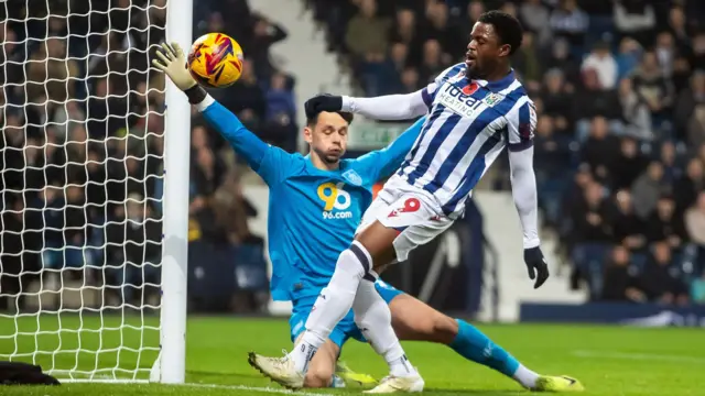 Josh Maja misses the ball for West Brom