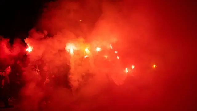 Hearts fans with pyro in Gorgie