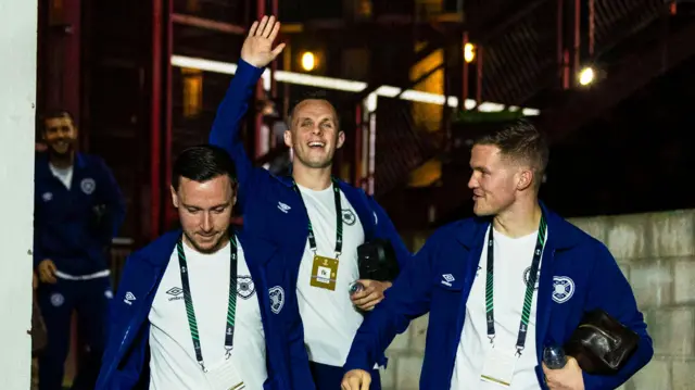 Barrie McKay, Lawrence Shankland and Blair Spittal arrive at Tynecastle