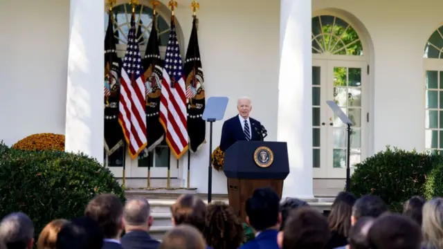 US President Joe Biden speaks during an address to the nation in the Rose Garden of the White House in Washington, DC,