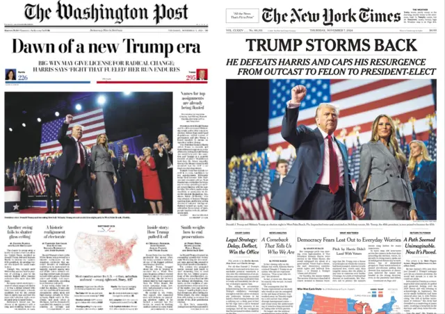 Two newspaper front pages. Picture of Donald Trump on both at his victory speech with a fist in the air while holding the hand of his wife Melania Trump. They are walking across a stage with the American flag behind them. Trump is wearing a navy suit with a red tie, and Mrs Trump is wearing a grey blazer with a matching skirt. The Washington Post has the headline Dawn of a new Trump era, and The New York Times has the headline Trump Storms Back.