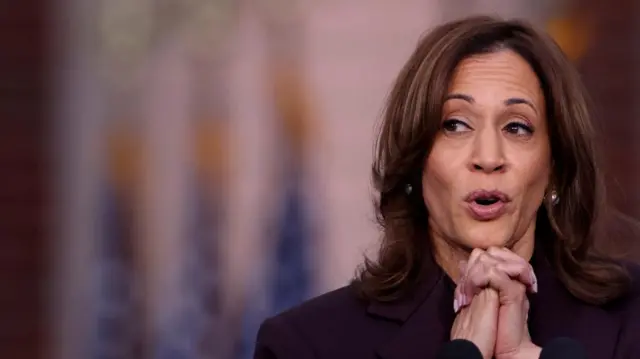 Democratic presidential nominee U.S. Vice President Kamala Harris reacts as she delivers remarks, conceding the 2024 U.S. presidential election to President-elect Donald Trump, at Howard University in Washington, U.S.,