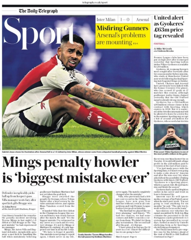 Lead sport page of the Daily Telegraph on 7 November 2024