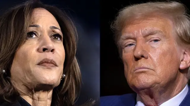 Composite image of close-up shots of Kamala Harris (L) and Donald Trump (R) cut off at the neck