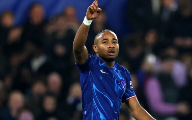 Chelsea's Christopher Nkunku celebrates scoring their seventh goal