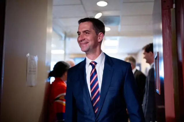 Tom Cotton arrives for a news conference on Capitol Hill on May 1, 2024